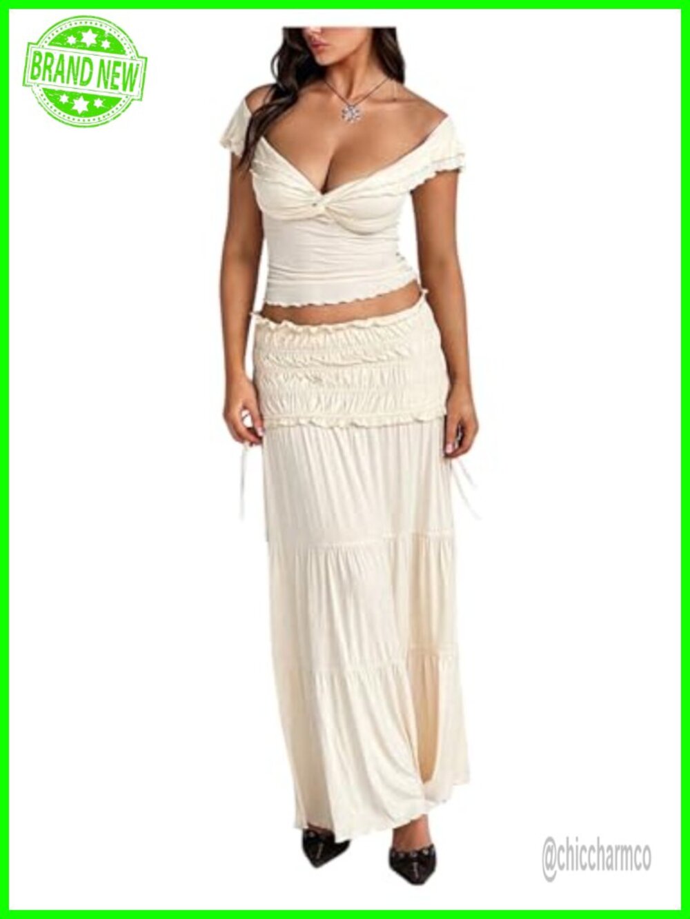 Women's 2 Piece Skirt Set Off Shoulder Crop Top Ruffle Hem Maxi Skirt
